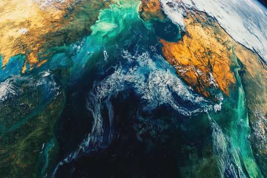 A vibrant image of Earth from a satellite, highlighting the contrast between the blue seas, green lands, and the polar ice caps against the vast backdrop - Powered by Adobe