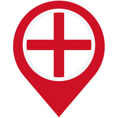 A red map pin points to a bold St. George's Cross, symbolizing location and English heritage, designed in a simple, iconic style.