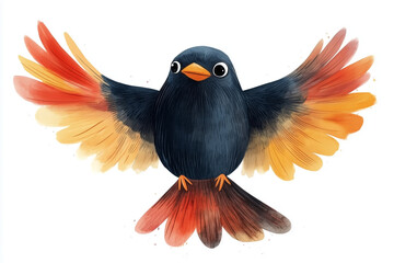 Naklejka premium Cute black cartoon crow with orange wings flying, children’s bird illustration on white background