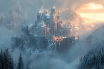 Fototapeta premium Majestic snow-covered castle atop misty mountains, sunset glow.