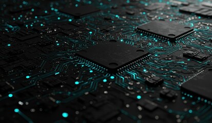 Obraz premium Close-up of circuit board with microchips and blue lights displaying digital technology. Concepts include innovation and connectivity.