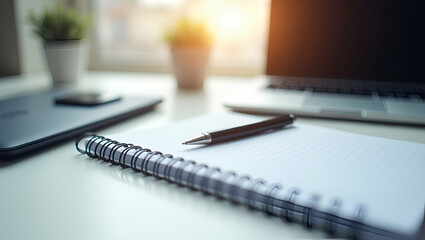 Flat Lay of Notebook, Pen, and Laptop: A Double Exposure Concept for Productivity and Organized Office Work with Ample Copy Space in Photo Stock