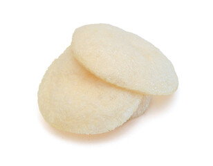 Fresh crunchy prawn crackers on white background 