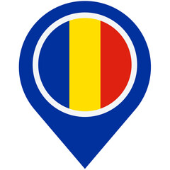 Fototapeta premium Discovering Romania: A vibrant blue map marker proudly displays the Romanian flag, symbolizing national pride and travel adventures.