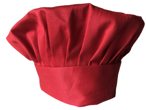 Red chef's hat made of textured fabric isolated on transparent background, which serves as a versatile resource for culinary, restaurant and kitchen projects.