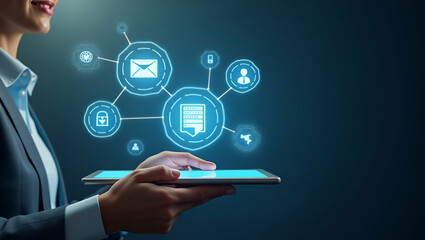 3d Flat icon as Person using a tablet and a digital collaboration interface symbolizing remote collaboration adoption in double exposure with copy space. concept as A person using a tablet blended wit