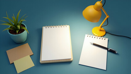 3D Flat Icon: Desk Lamp and Notepad Flat Lay for Planning and Productivity - Double Exposure Design with Copy Space on Isolated White Background