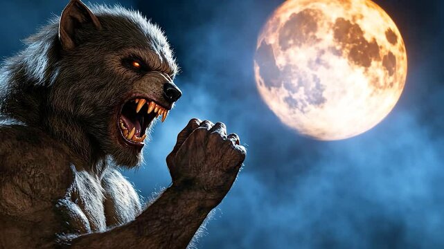 A fierce werewolf howling under a full moon amidst a misty night sky