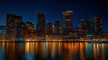 Naklejka premium Night cityscape, illuminated buildings, water reflection.
