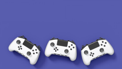 Realistic white video game joysticks or gamepads on violet background