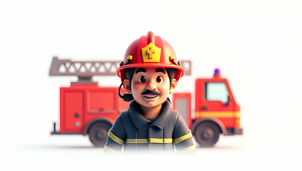 3D Flat Icon: Firefighter Double Exposure with Fire Truck - A Cartoon Representation of Bravery and Emergency Response for Public Safety Ads