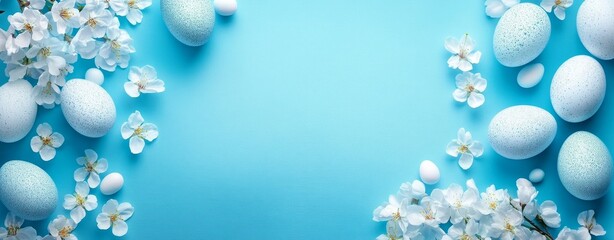 lue easter eggs and white cherry blossoms on bright blue background. Happy Easter concept.
