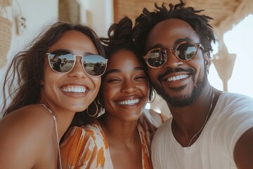 Positive happy multiethnic friends taking selfie and having fun at home
