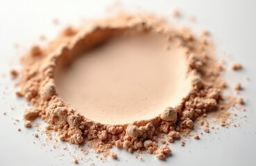Beige face powder. Close-up view of cosmetic product with matte texture on white background. Powder pile, powder texture with soft focus. Beauty, fashion, make-up concept.