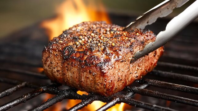 Grilled, seasoned cut of meat over open flame with tongs in BBQ setting