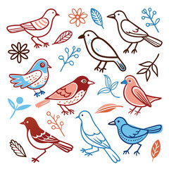 Vector silhouettes set of birds at tree branches  and isolated background.