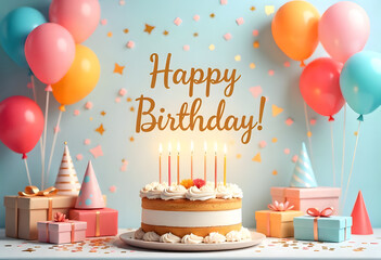 birthday cake with candles and balloons