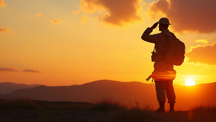 Photo Realistic Flat Double Exposure: Soldier Saluting with Vibrant Sunset Overlay - A Symbol of Bravery, Dedication, and Patriotism in Cute Vector Illustration