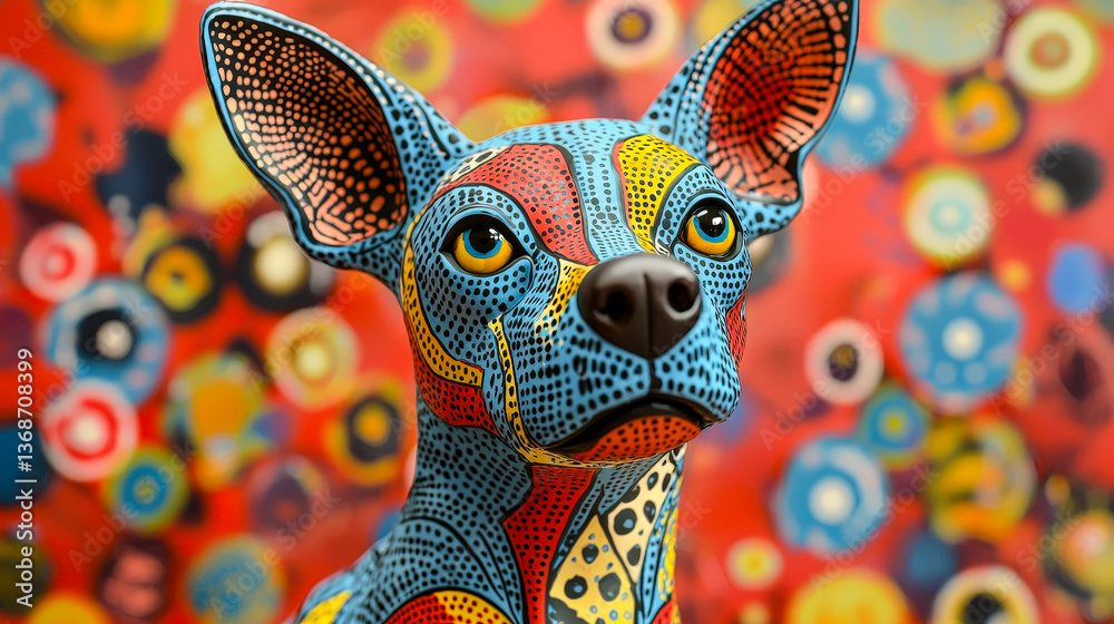 Poster a striking blue dog sculpture with intricate patterns stands out against a vivid, multicolored backd