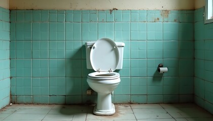 Old white toilet in bathroom with turquoise tile walls, porcelain floor. Unused plumbing fixture in retro, vintage, grunge setting. Interior design peeling paint, faded, cracked. Abandoned forgotten