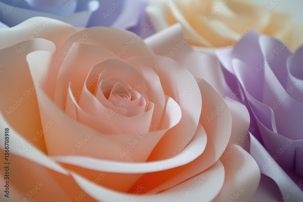Poster close-up view of a stunning backdrop made from multicolored paper roses. the delicate petals of the 