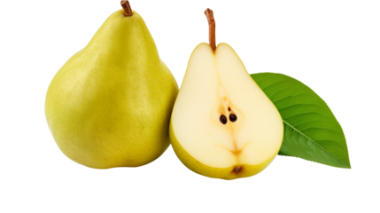 Fresh pears whole and sliced with green leaf healthy eating and fruit benefits concept image 92 transparent backgroundisolated on transparent background	