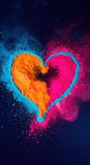 Vibrant Heart of Colors: A captivating explosion of orange, pink, and blue pigments forming a heart shape against a dark background. A stunning display of color and emotion.