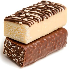 Two chocolate bars with different coatings, one white with dark chocolate drizzle and one milk chocolate with crisped rice, isolated on white background. Studio food photography. Snack and candy bar