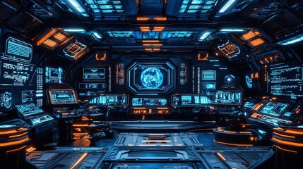 Obraz premium Experience the cutting-edge technology within a modern space fleet's command hub. 