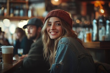 Happy friends having a great time in cafe. Group of young people sitting in a coffee shop ,drinking coffee