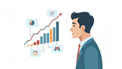 Photo Realistic Flat Double Exposure: Businessman Profile with Financial Data Charts Illustrating Business Analytics Success and Future Growth in a Cute Vector Style