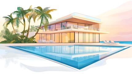 Fototapeta premium Luxurious Modern Villa Overlooking Ocean Sunset