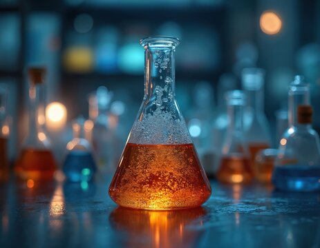 Illustration shows laboratory glassware with bubbling liquid. Chemical experiment takes place in science lab setting. Chemistry equipment Erlenmeyer flask with bubbles on dark table reflecting glass.
