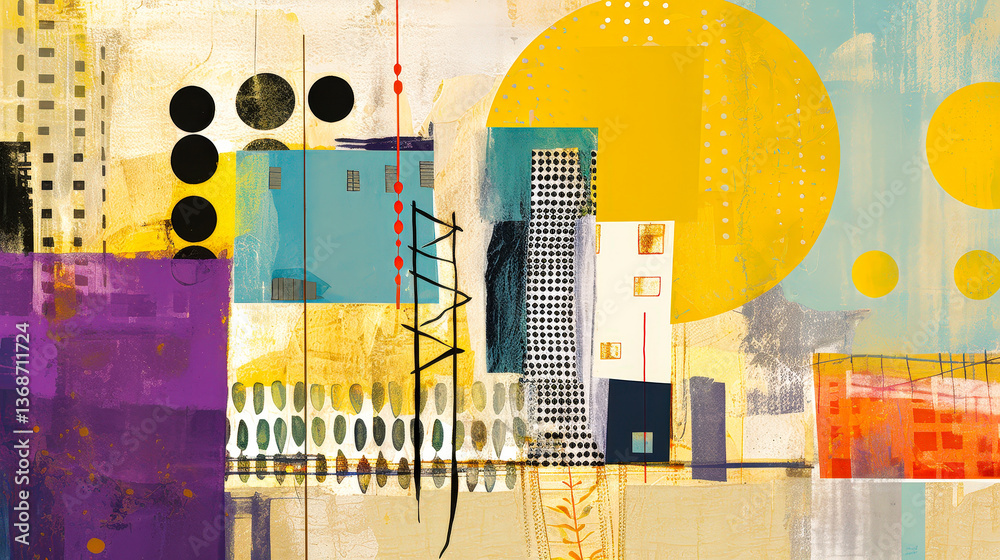 Poster abstract urban landscape featuring geometric shapes, bold colors, and playful patterns in a modern a