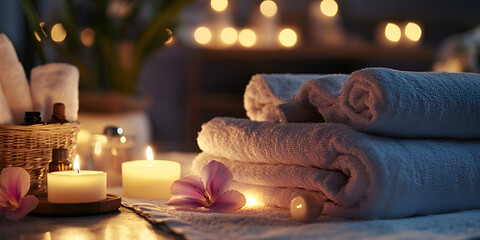 Spa towels and candles in cozy wellness setting, soft folded towels with flickering candlelight for relaxation ambiance
