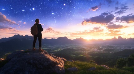 Fototapeta premium Hiker stands atop a rocky peak at sunset, observing the distant horizon
