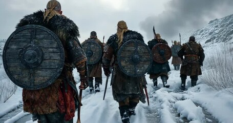 Viking March: A band of Vikings, clad in traditional attire and armed with shields, marches resolutely through a snow-covered landscape.