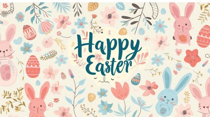 trendy Easter design with typography, bunnies, flowers, eggs, bunny ears, in pastel colors