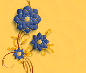 3D floral background, luxury arabesque style blue flowers on yellow background