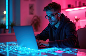 Software developer works on laptop in futuristic interior with neon lights. Man uses computer at table. Programmer coding with glasses. AI, cyberspace, technology innovation.
