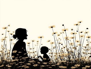 Naklejka premium Mother and baby silhouette in daisy field.