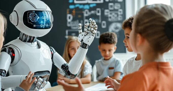 Futuristic Education: A group of children interacting with a humanoid robot, symbolizing the intersection of education and technology.
