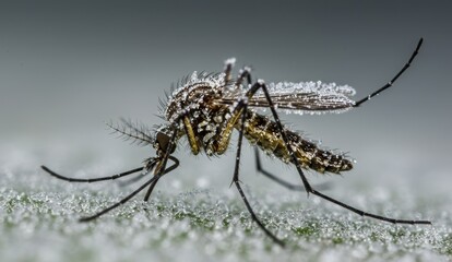Close-up mosquito with water droplets on its body, showcasing nature's detail in outdoor environment.