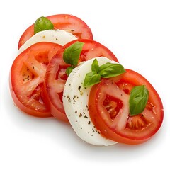 Slices of tomato and mozzarella cheese with basil leaves and black pepper isolated on white background. Studio food photography. Italian cuisine and healthy eating concept. Design for poster, banner