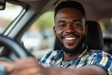 Happy young african man showing his driver's license from open car window