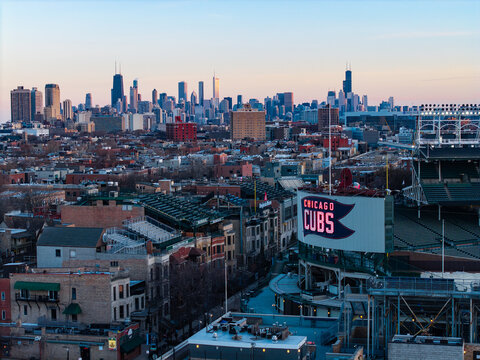 View of Chicago Cubs Sign with Skyline in the background