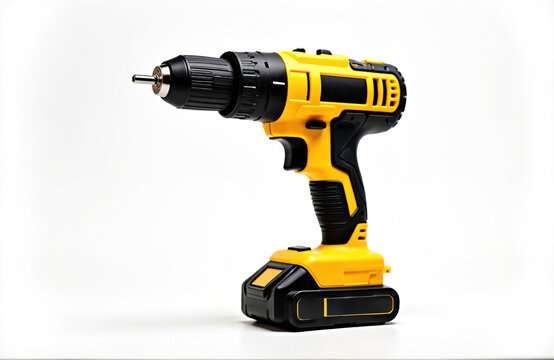 Yellow cordless drill isolated on white background. Power tool for construction, repair, DIY. Industrial equipment for home renovation, woodworking, metalworking, electrical work. Cordless drill,