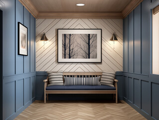 Fototapeta premium Modern hallway wall panelling in navy blue colors, simple minimalist furniture and artwork on the wall. Hall with wooden wall panels