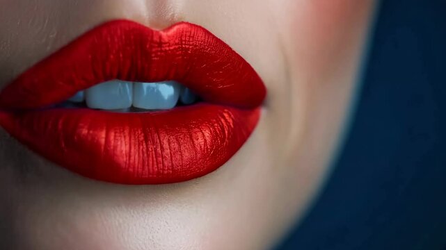 lose up view of woman's mouth with bright lipstick pursing lips for a kiss