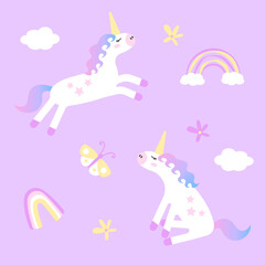 Hand drawn unicorns in doodle style. Set of elements for your design: unicorn, rainbow, clouds and flowers. For children's print, pattern, greeting cards, poster, clothing, textiles, rooms.